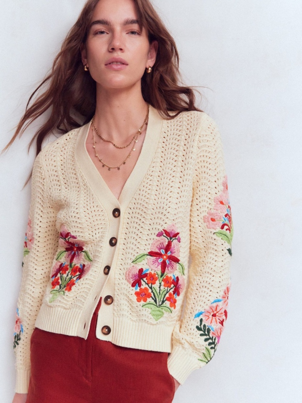 Boden Relaxed Cotton Stitch Cardigan In Ivory Embroidered Size XL